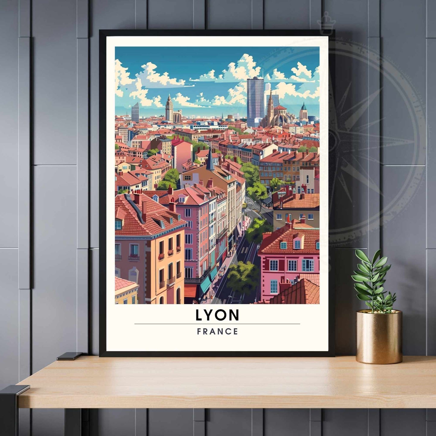 Affiche Lyon | Affiche de Voyage Lyon vue de ciel  | Affiche ville de Lyon, France