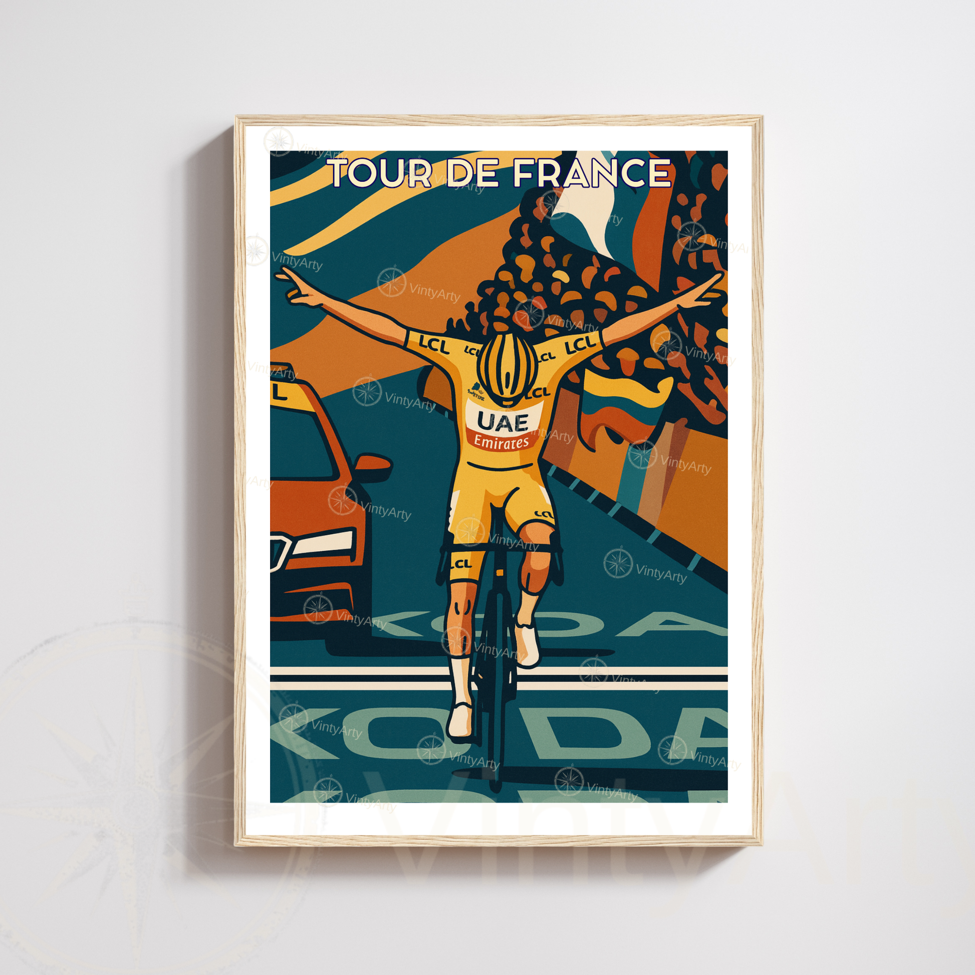 Affiche Tour de France – Poster Tadej Pogačar victoire – Illustration cyclisme maillot jaune vintage