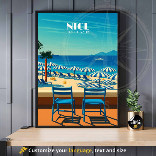 Affiche Nice | Impression Nice | Affiche de voyage France | Plage et chaise bleue