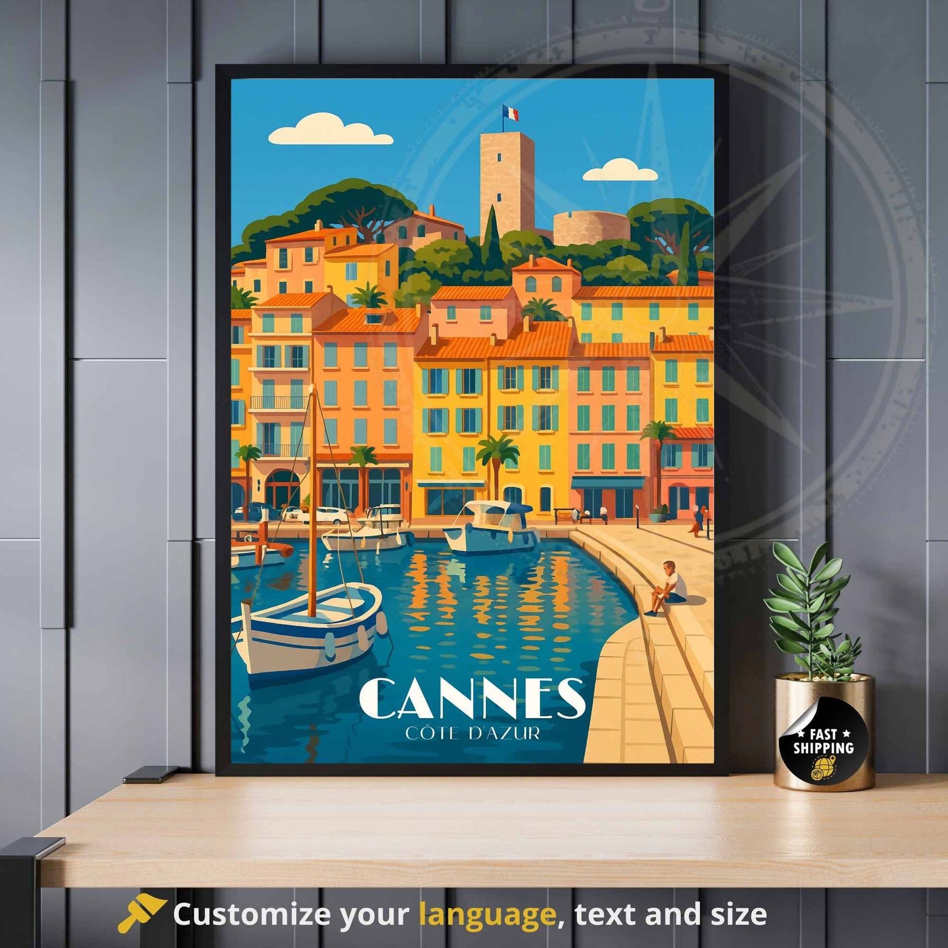 Affiche Cannes | Impression Cannes | Affiche de voyage France | Vue sur le port de plaisance