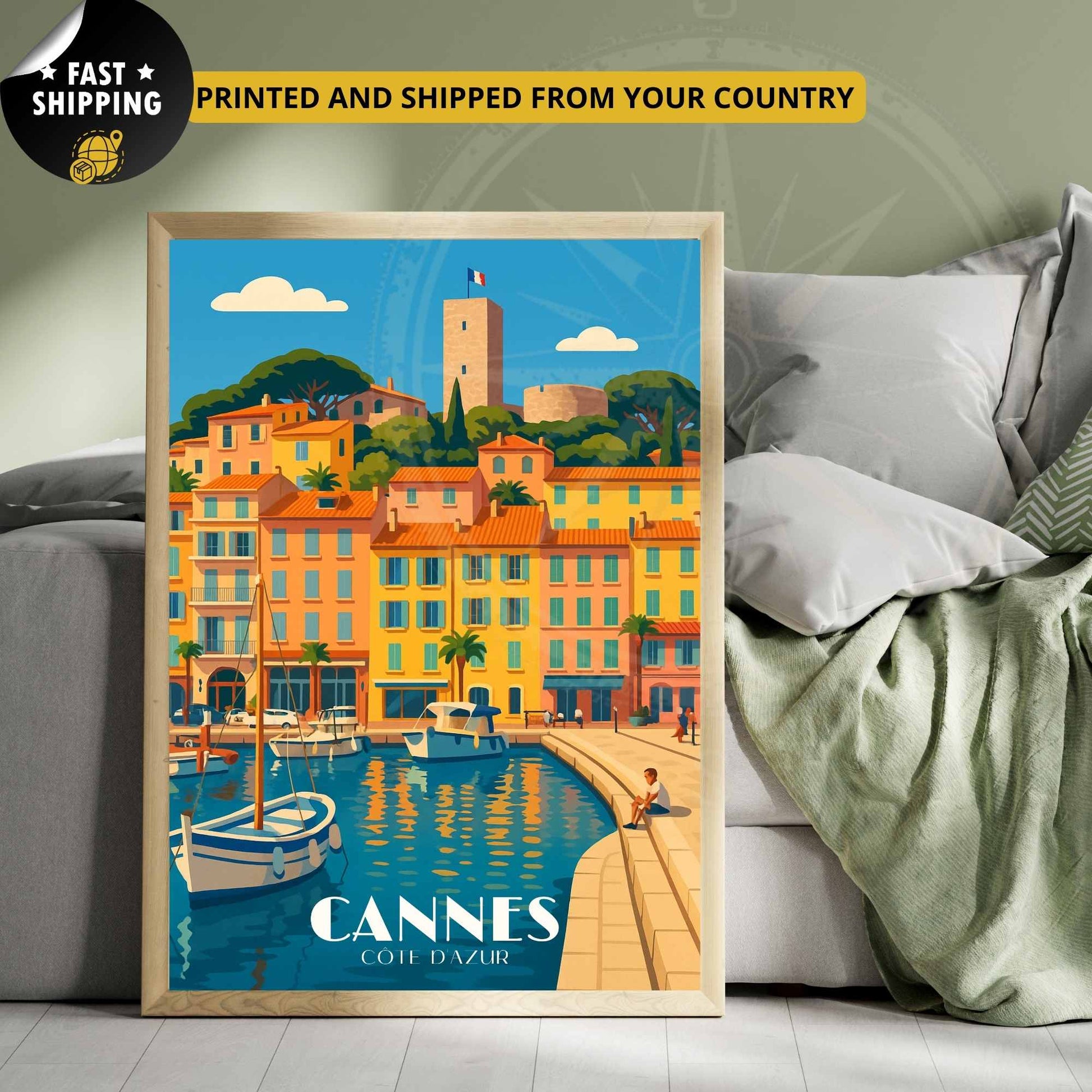 Affiche Cannes | Impression Cannes | Affiche de voyage France | Vue sur le port de plaisance