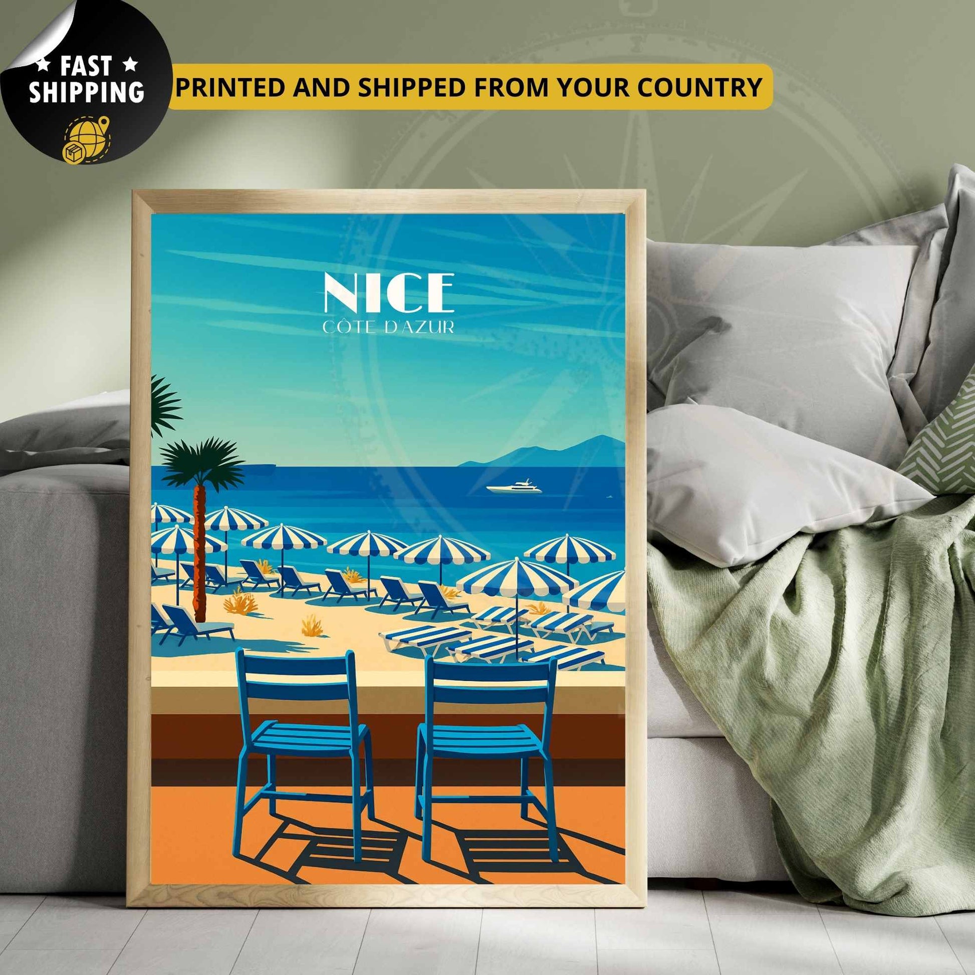 Affiche Nice | Impression Nice | Affiche de voyage France | Plage et chaise bleue