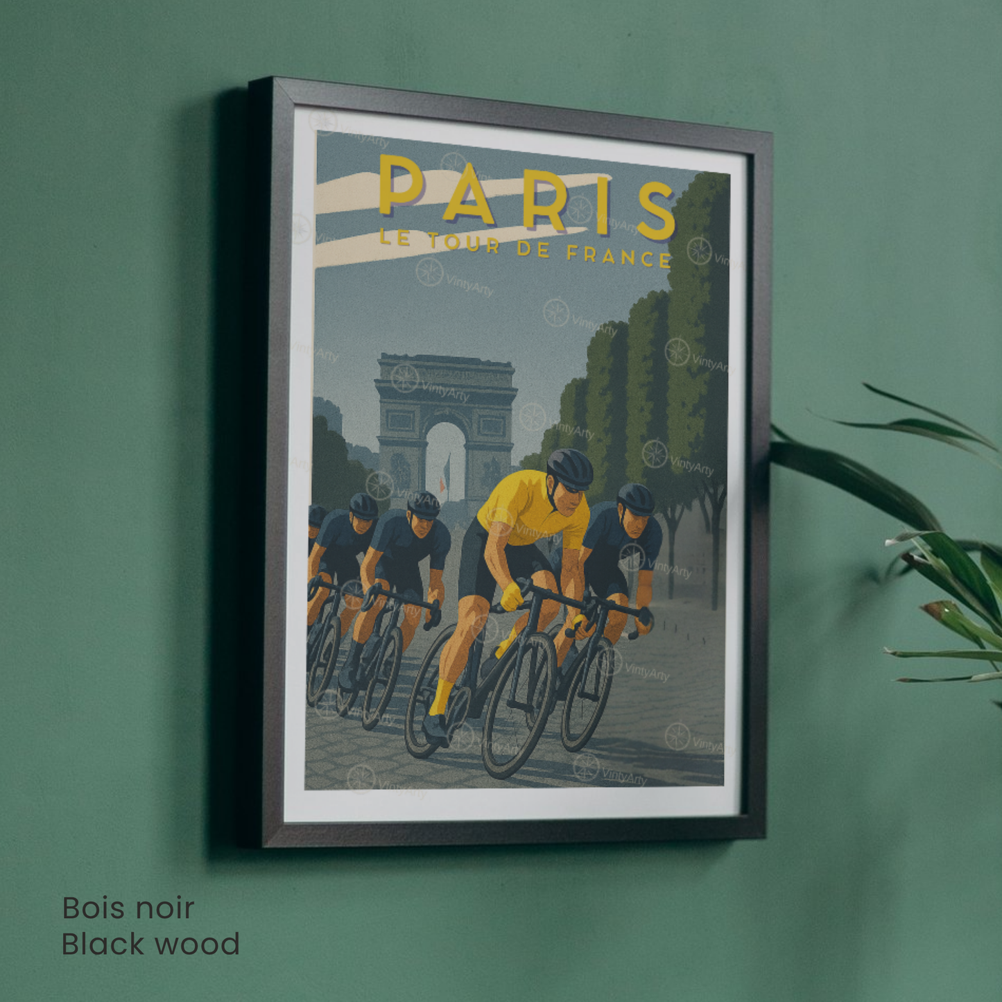 Affiche Tour de France Paris – Poster cyclisme Arc de Triomphe – Illustration rétro maillot jaune vélo