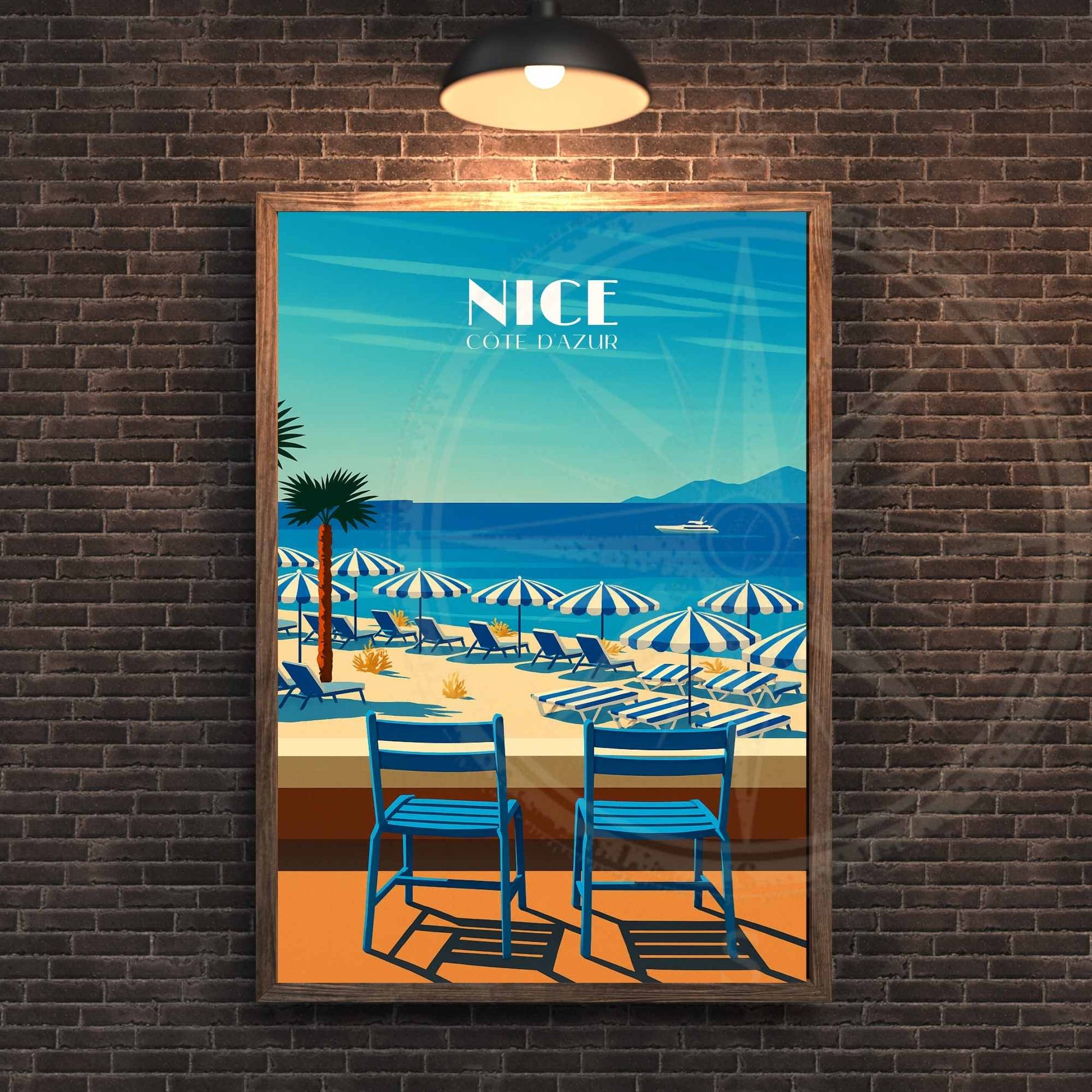 Affiche Nice | Impression Nice | Affiche de voyage France | Plage et chaise bleue