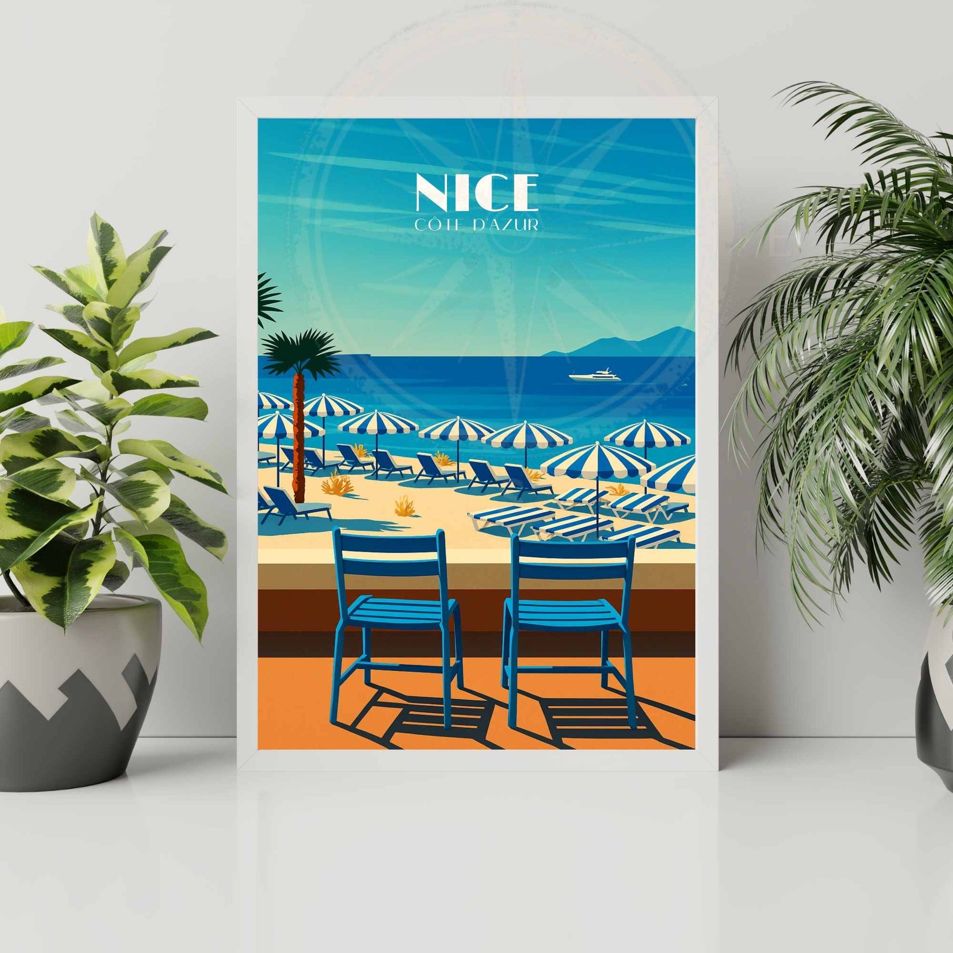 Affiche Nice | Impression Nice | Affiche de voyage France | Plage et chaise bleue