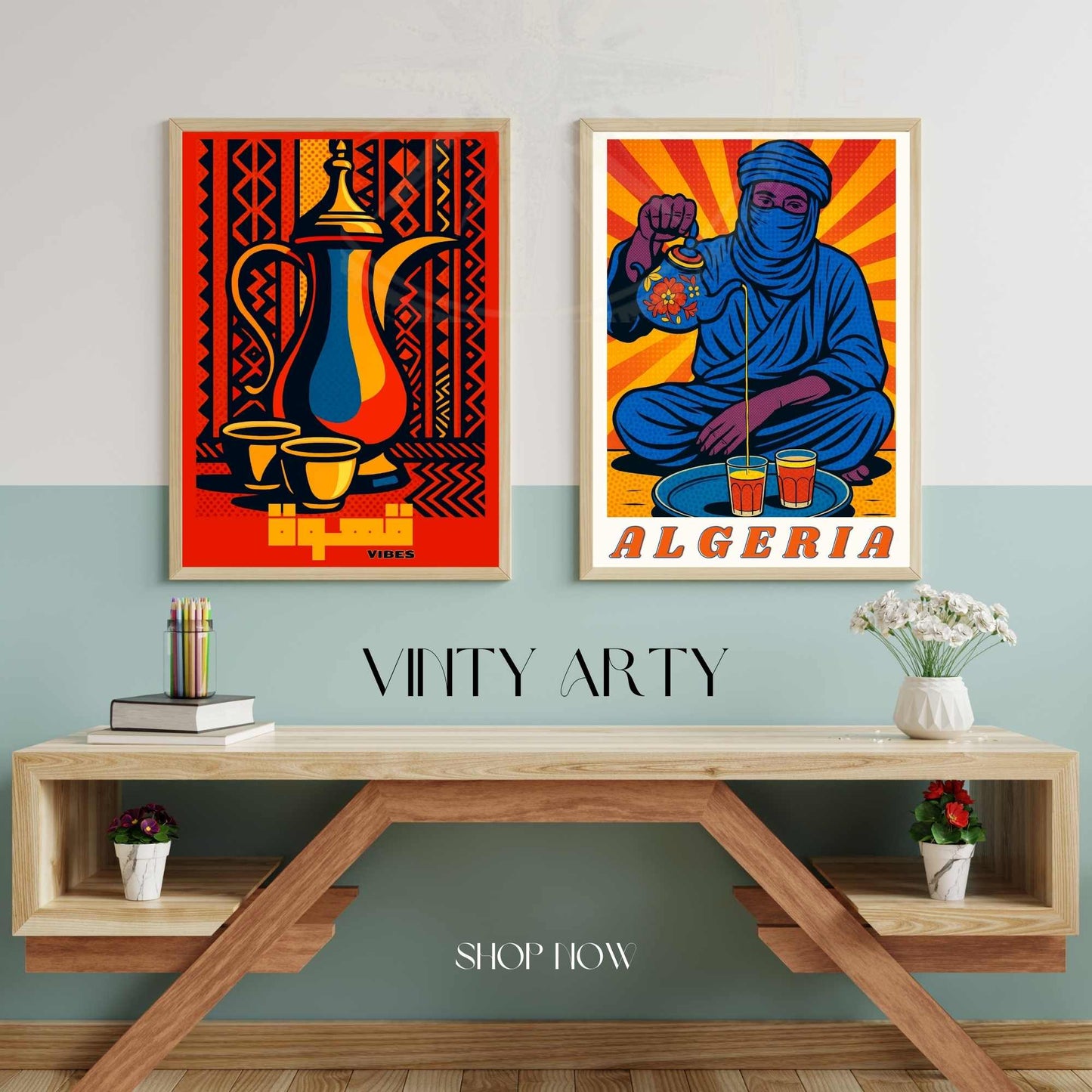 Affiche art café arabe traditionnel – cafetière orientale et tasses sur fond rouge et motifs berbères