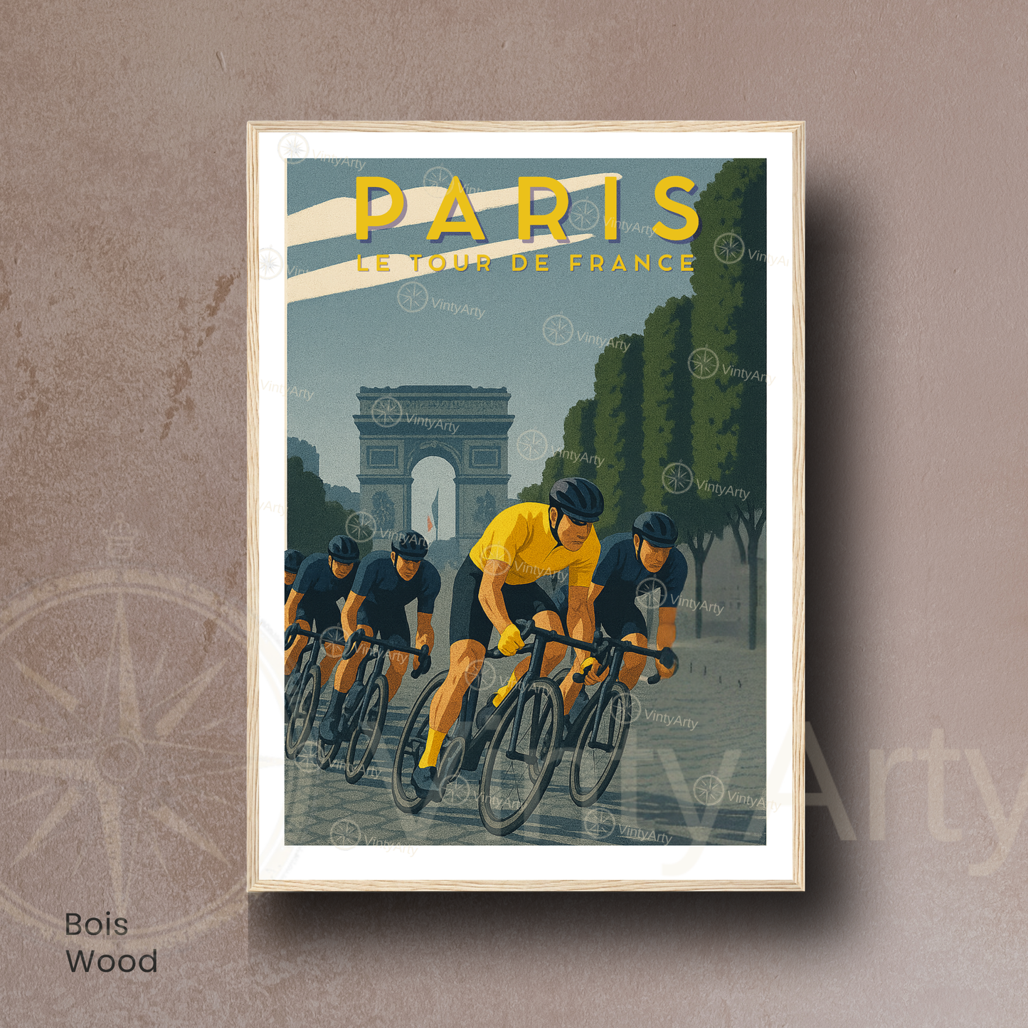 Affiche Tour de France Paris – Poster cyclisme Arc de Triomphe – Illustration rétro maillot jaune vélo