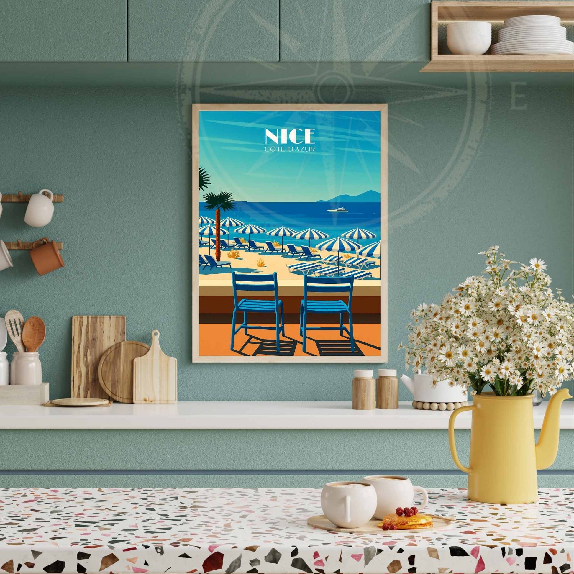 Affiche Nice | Impression Nice | Affiche de voyage France | Plage et chaise bleue