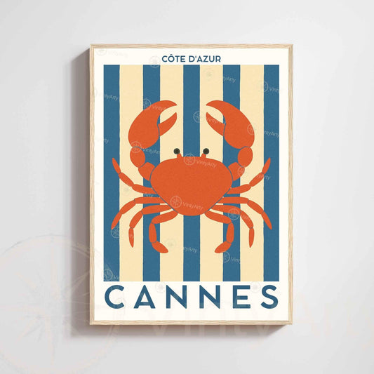Affiche Cannes Crabe – Illustration Côte d’Azur – Poster marin décoration murale bord de mer