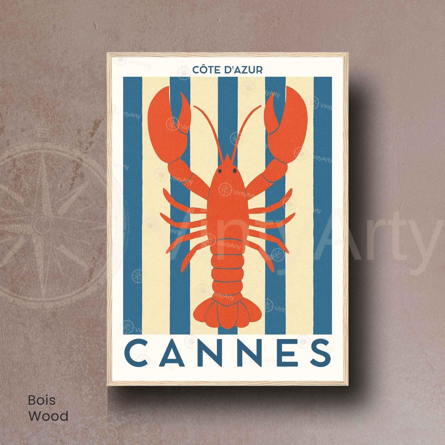 Affiche Cannes Homard – Poster Côte d’Azur – Illustration déco marine bord de mer vintage