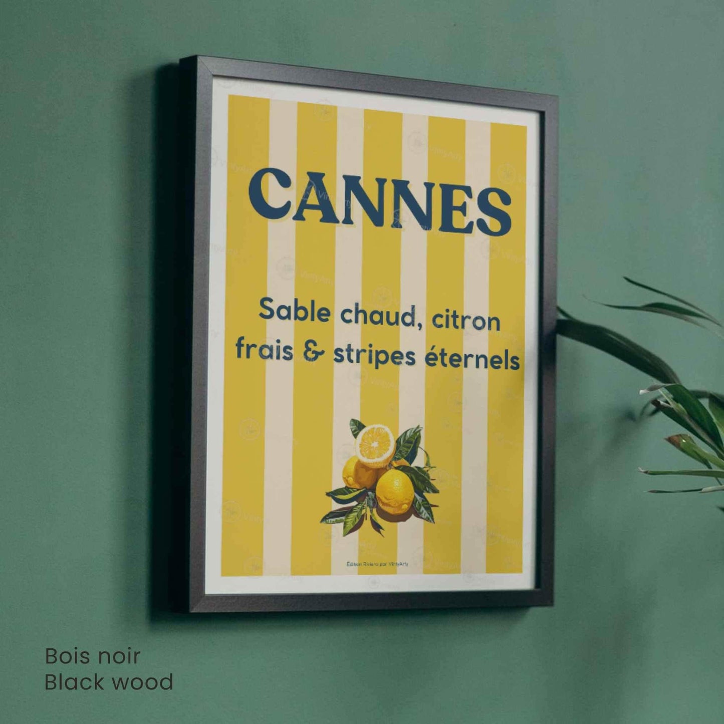 Affiche Cannes citron et rayures – Poster typographique Côte d’Azur – Déco vintage soleil et fruits
