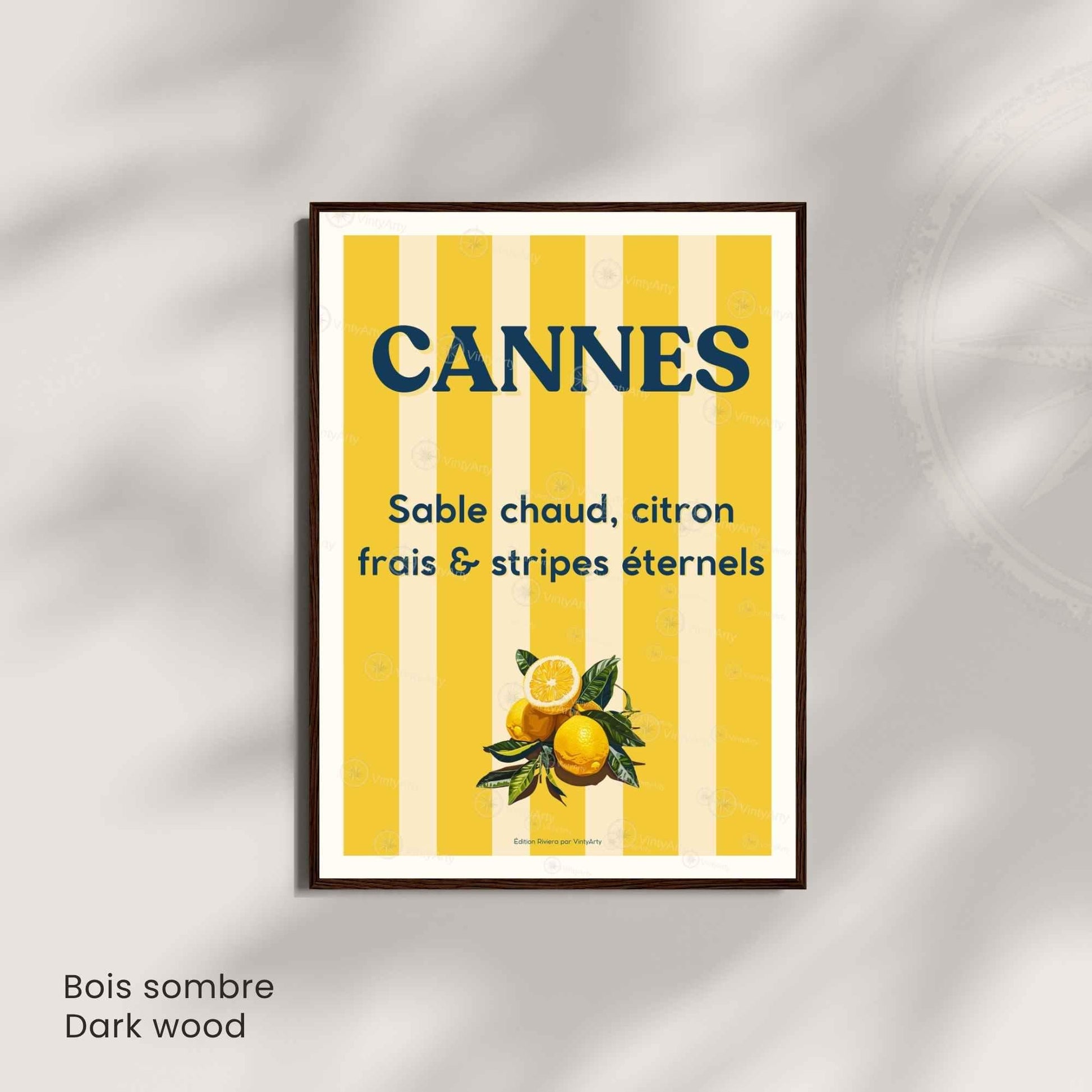 Affiche Cannes citron et rayures – Poster typographique Côte d’Azur – Déco vintage soleil et fruits