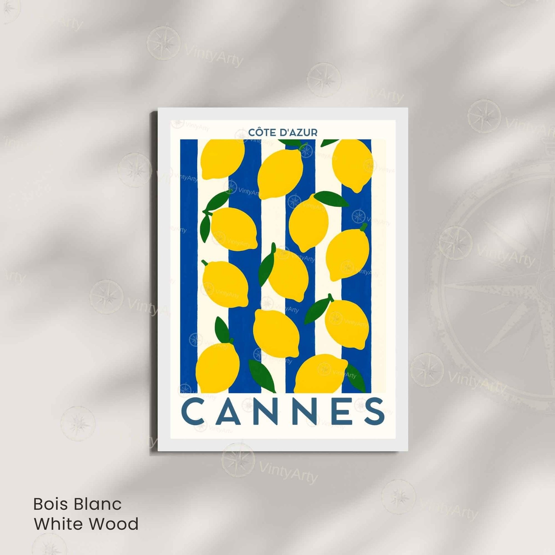 Affiche Cannes Citron Côte d’Azur – Poster décoratif Méditerranée – Illustration graphique fruits jaune & rayures bleu