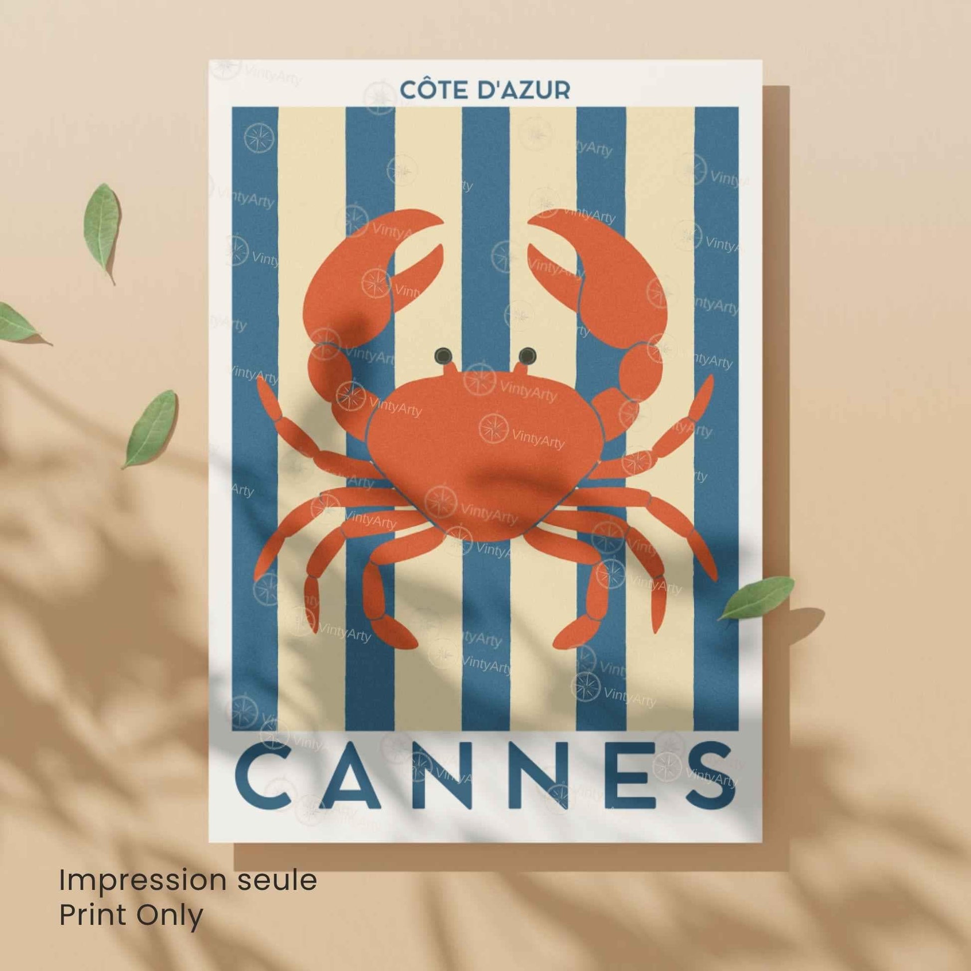 Affiche Cannes Crabe – Illustration Côte d’Azur – Poster marin décoration murale bord de mer