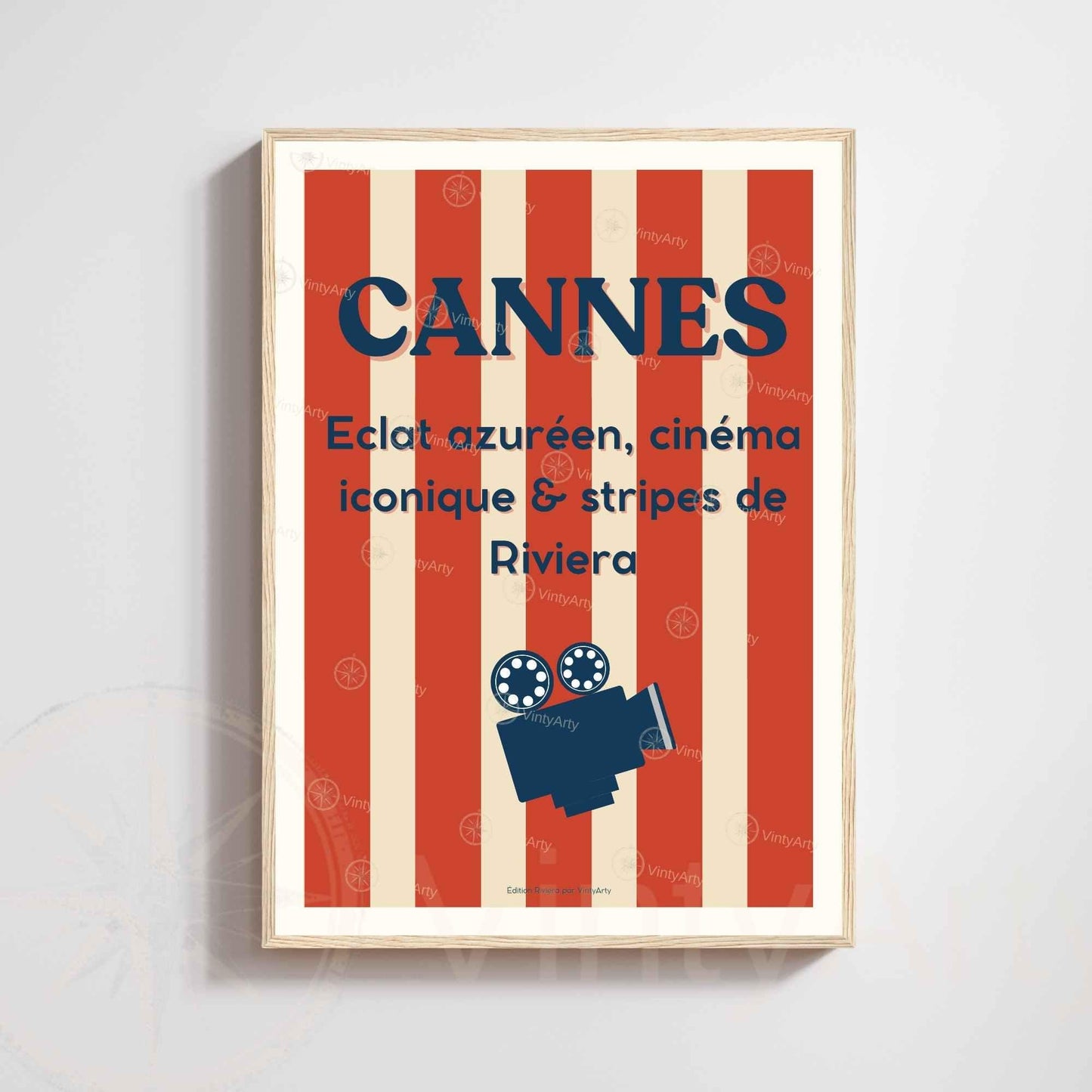 Affiche Cannes Cinéma – Poster typographique Riviera rouge – Déco Côte d’Azur vintage & festival