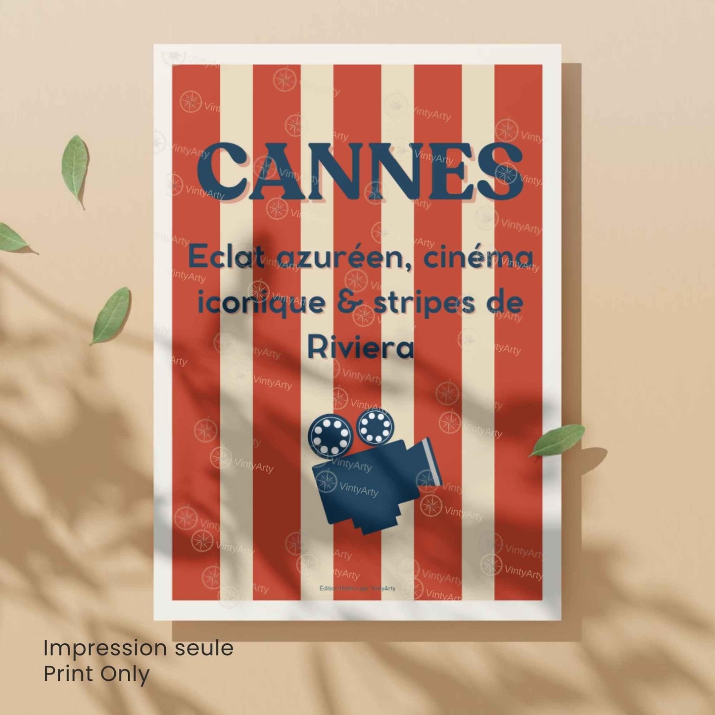 Affiche Cannes Cinéma – Poster typographique Riviera rouge – Déco Côte d’Azur vintage & festival