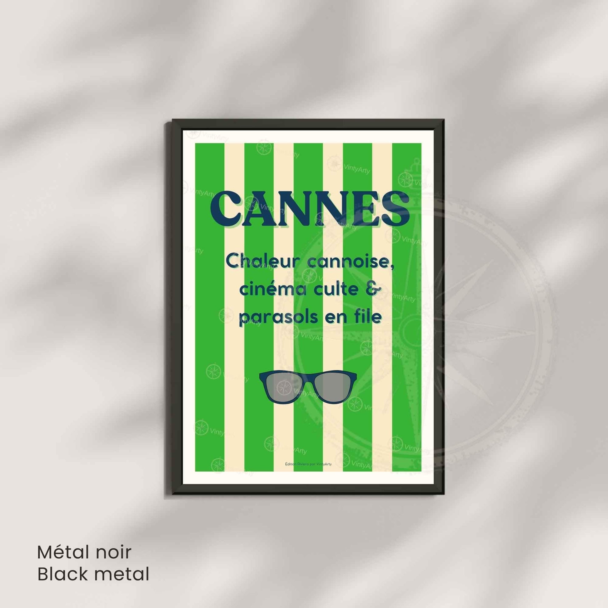 Affiche Cannes lunettes – Poster rayures vertes Côte d’Azur – Art typographique été & cinéma