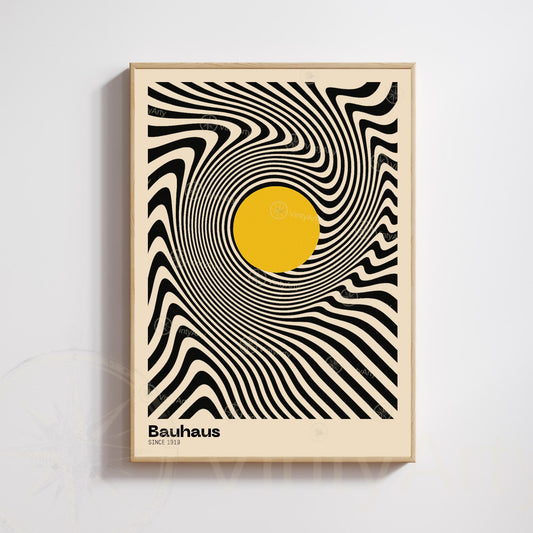Affiche Bauhaus – Design optique noir et blanc avec cercle jaune | Poster abstrait moderne | Avec ou sans cadre