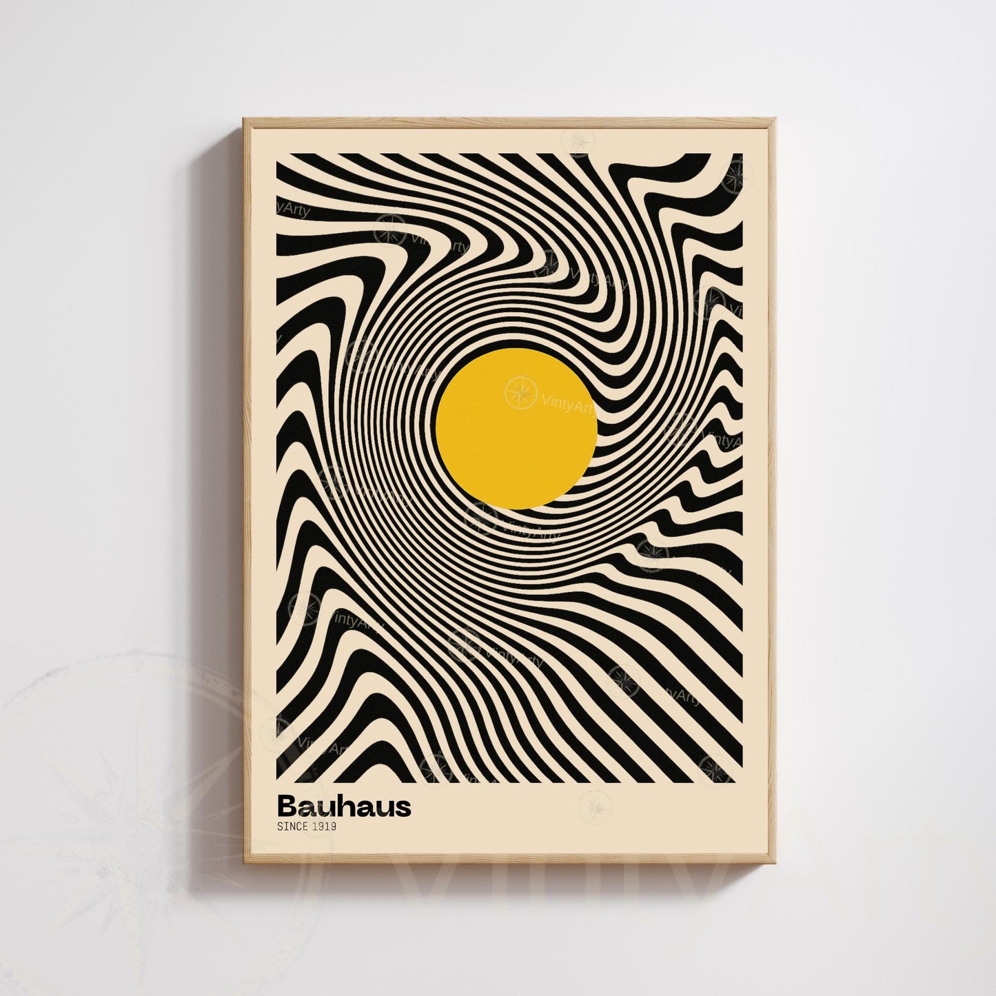 Affiche Bauhaus – Design optique noir et blanc avec cercle jaune | Poster abstrait moderne | Avec ou sans cadre