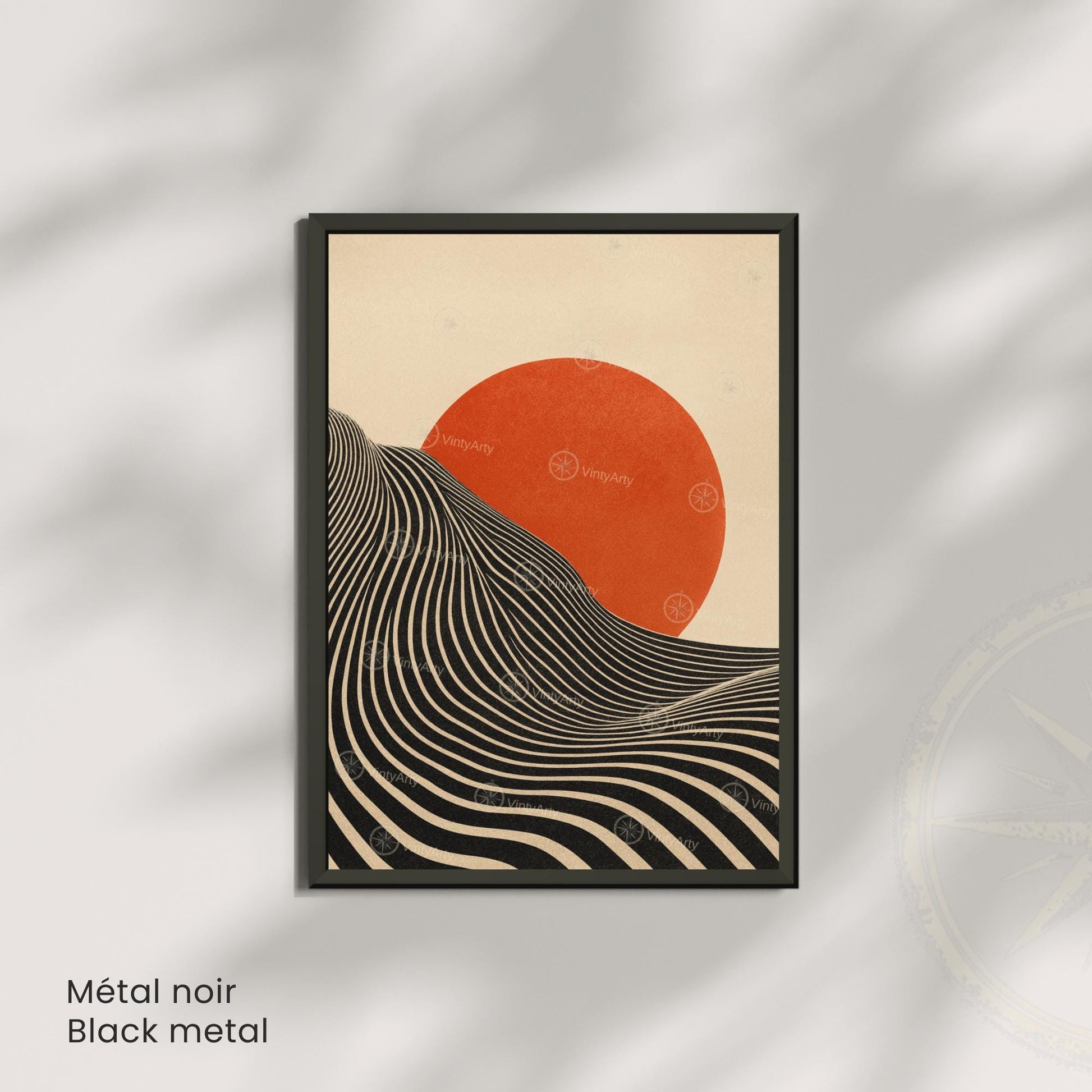 Affiche Soleil géométrique minimaliste – Lignes noires & cercle rouge | Poster abstrait moderne | Avec ou sans cadre