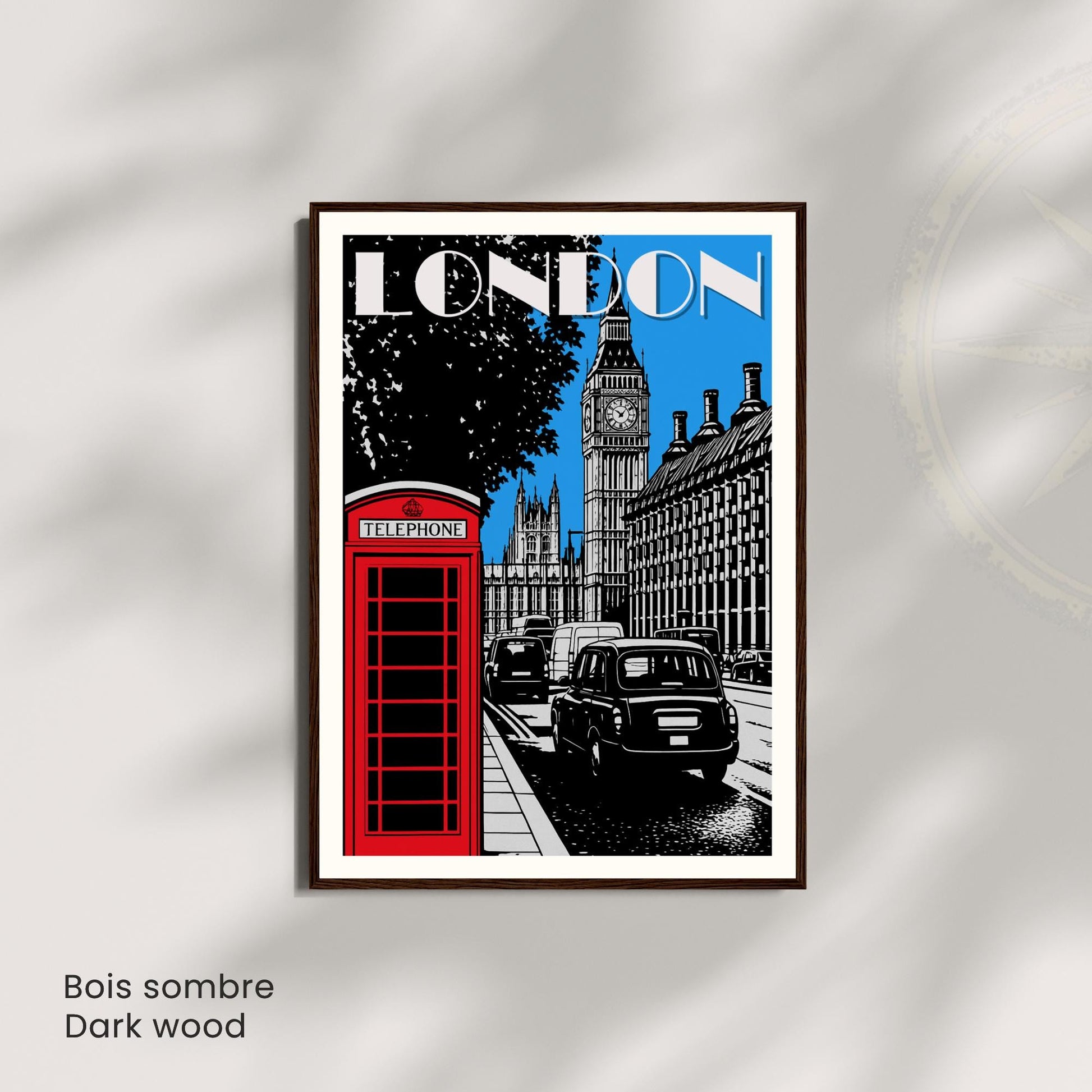Affiche Londres – Big Ben, cabine téléphonique rouge et taxi noir | Poster graphique vintage style travel poster UK décoration murale