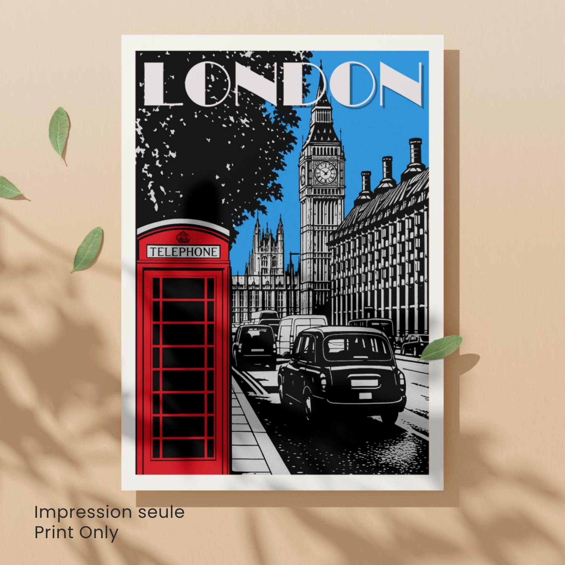 Affiche Londres – Big Ben, cabine téléphonique rouge et taxi noir | Poster graphique vintage style travel poster UK décoration murale