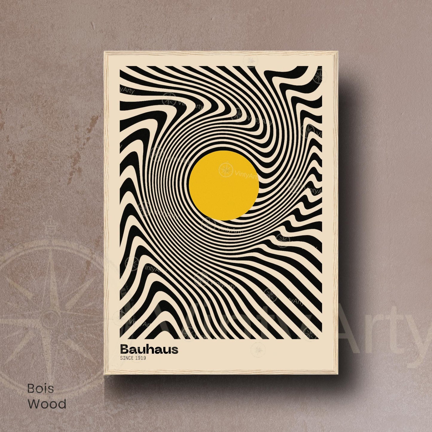 Affiche Bauhaus – Design optique noir et blanc avec cercle jaune | Poster abstrait moderne | Avec ou sans cadre