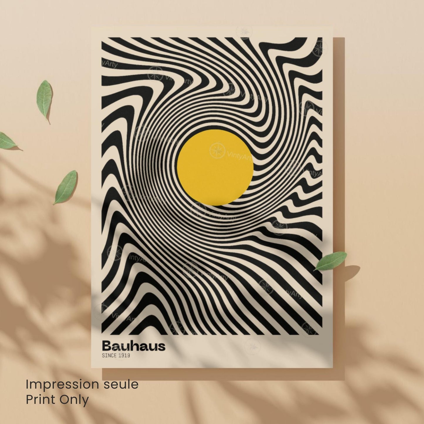Affiche Bauhaus – Design optique noir et blanc avec cercle jaune | Poster abstrait moderne | Avec ou sans cadre