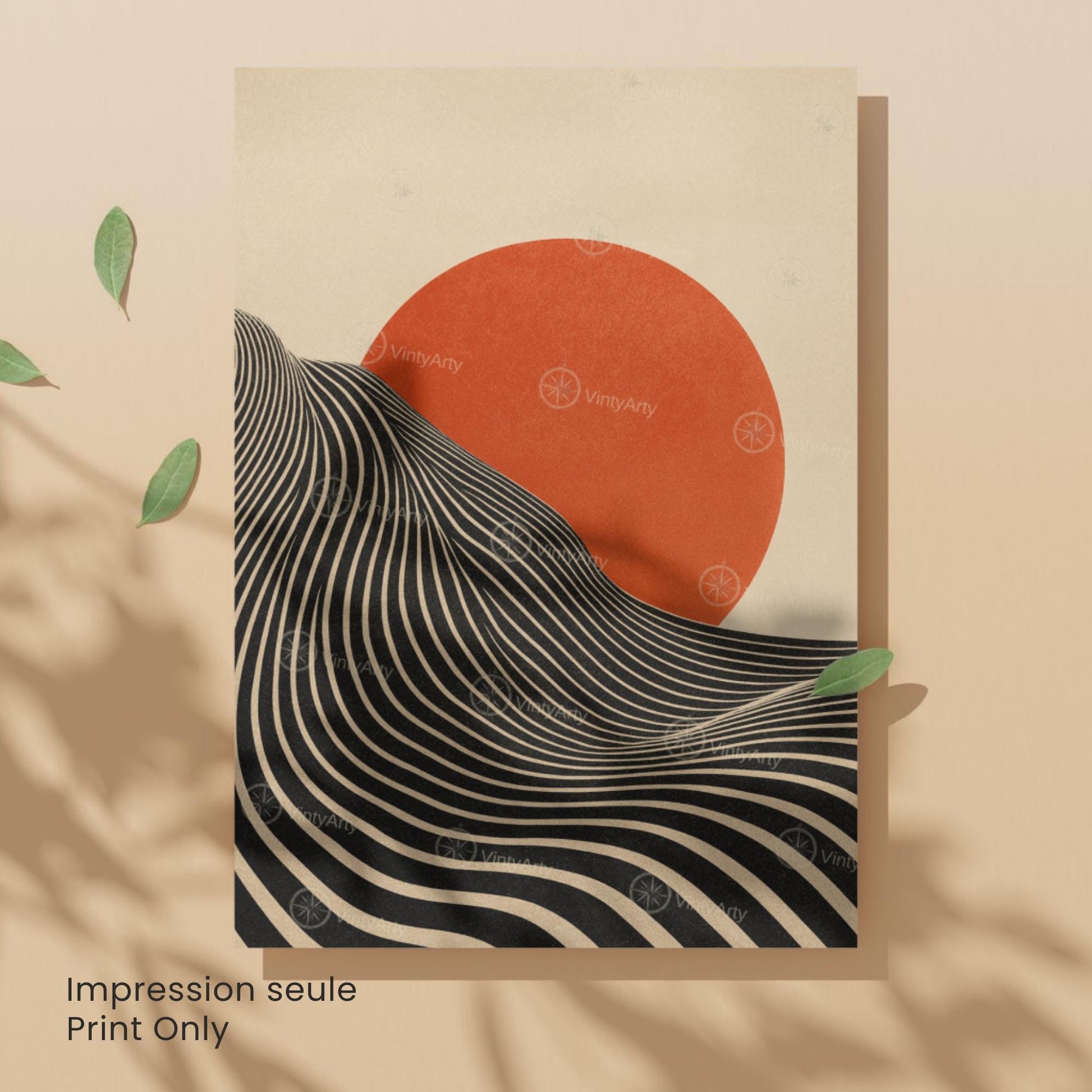 Affiche Soleil géométrique minimaliste – Lignes noires & cercle rouge | Poster abstrait moderne | Avec ou sans cadre