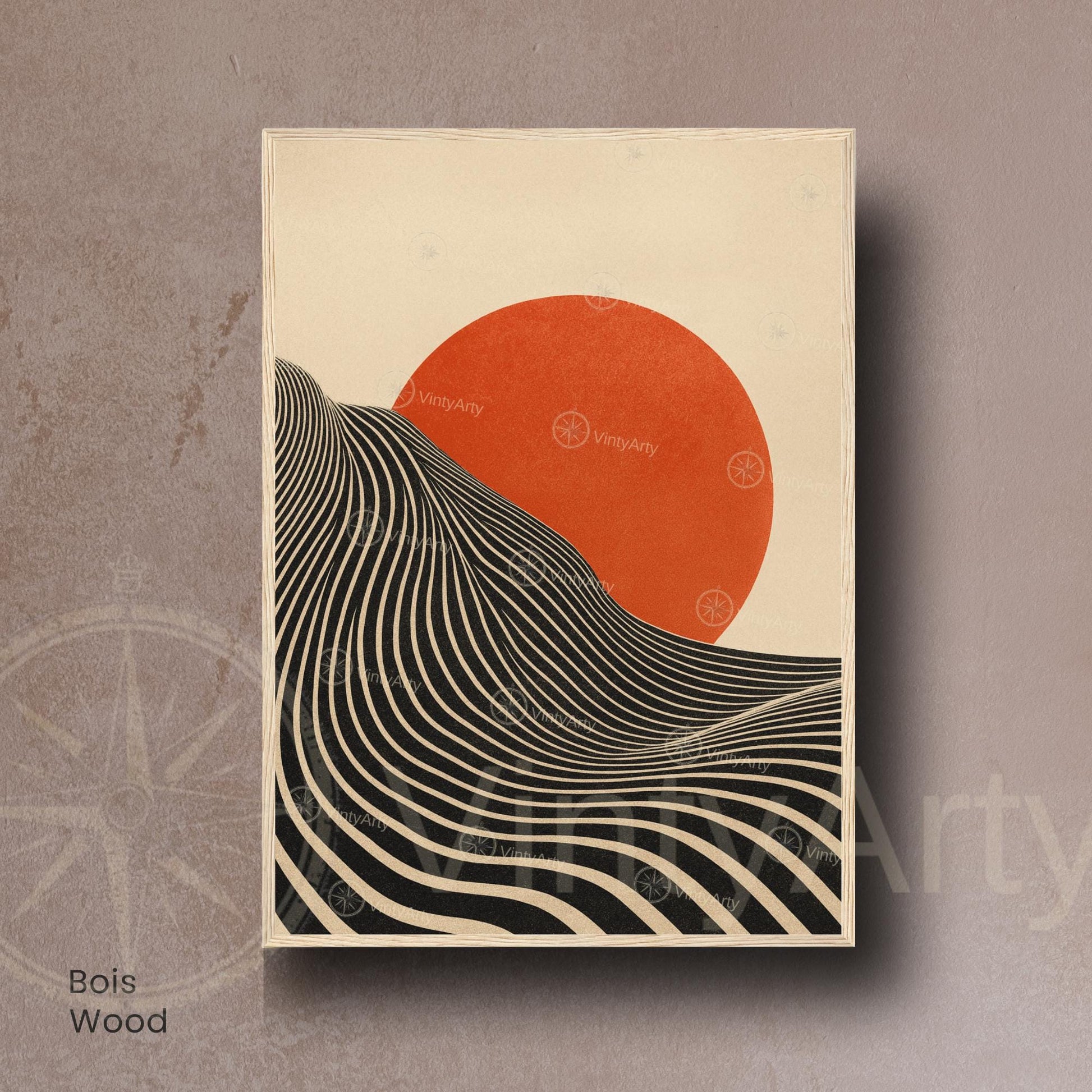 Affiche Soleil géométrique minimaliste – Lignes noires & cercle rouge | Poster abstrait moderne | Avec ou sans cadre