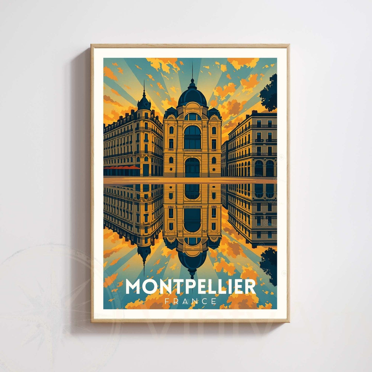 Affiche Montpellier – Architecture haussmannienne au coucher du soleil | Poster vintage sud de la France | Décoration murale voyage