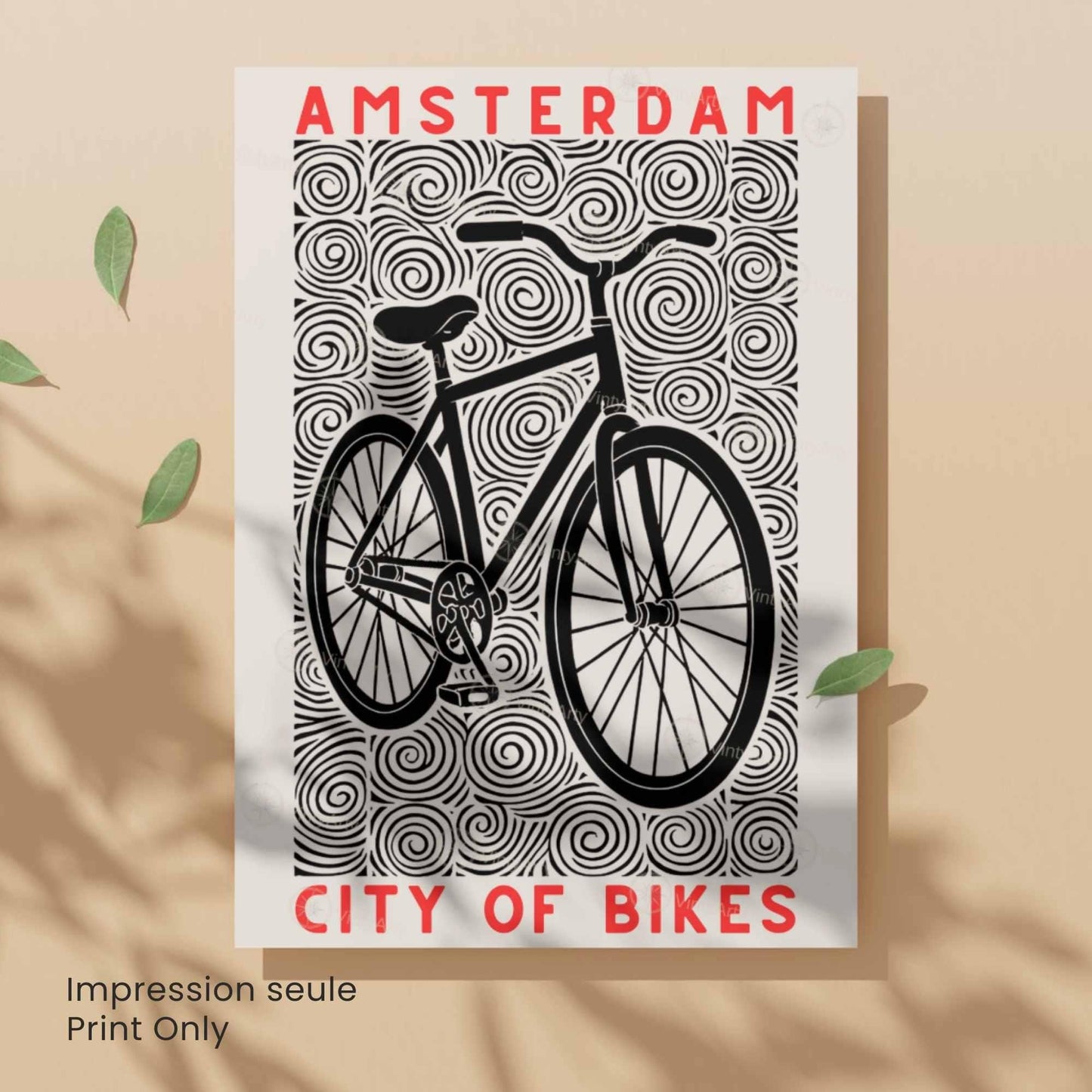 Affiche Amsterdam "City of Bikes" | Poster vélo linogravure noir et blanc | Décoration murale voyage & cyclisme