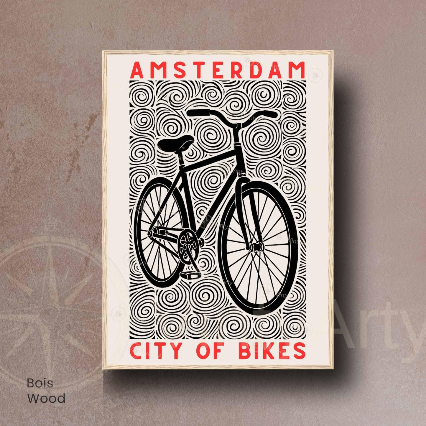 Affiche Amsterdam "City of Bikes" | Poster vélo linogravure noir et blanc | Décoration murale voyage & cyclisme