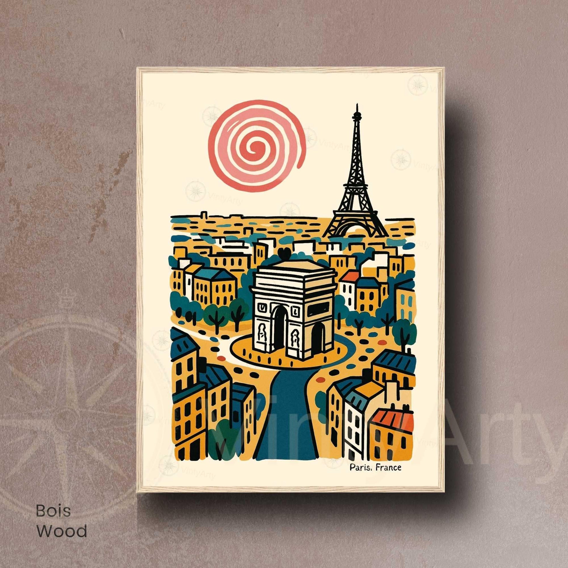 Affiche Paris rétro – Poster vintage Arc de Triomphe et Tour Eiffel, illustration artistique murale, idée cadeau Paris