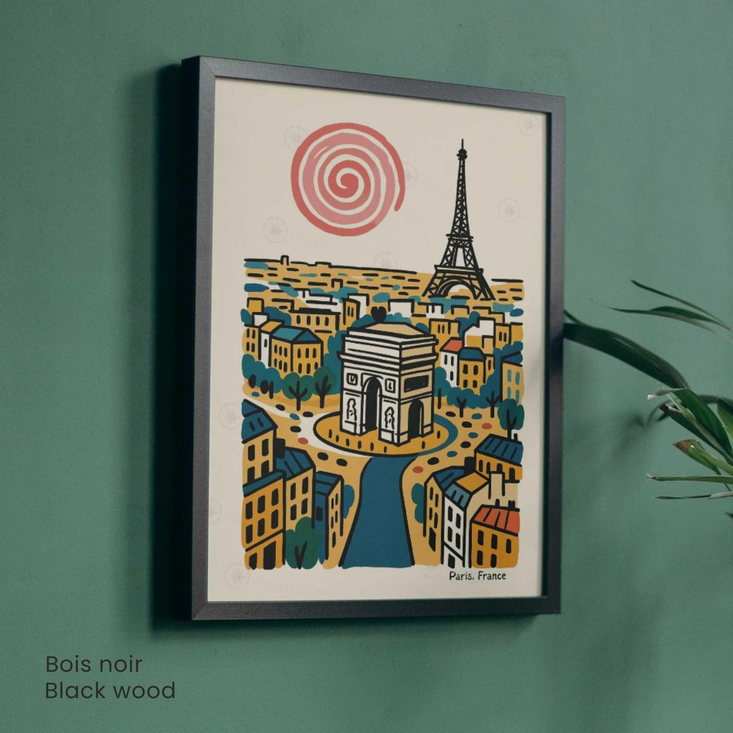 Affiche Paris rétro – Poster vintage Arc de Triomphe et Tour Eiffel, illustration artistique murale, idée cadeau Paris