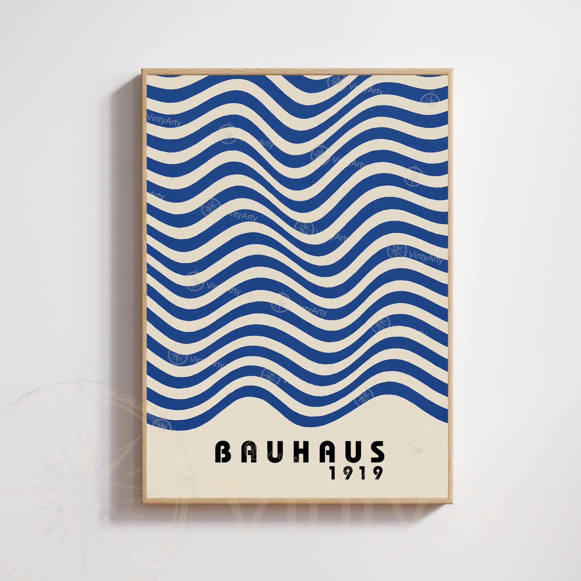 Bauhaus 1919 Poster – Blue Waves Graphic Print, Minimalist Modern Wall Art, Abstract Design Home Decor, Framed or Unframed