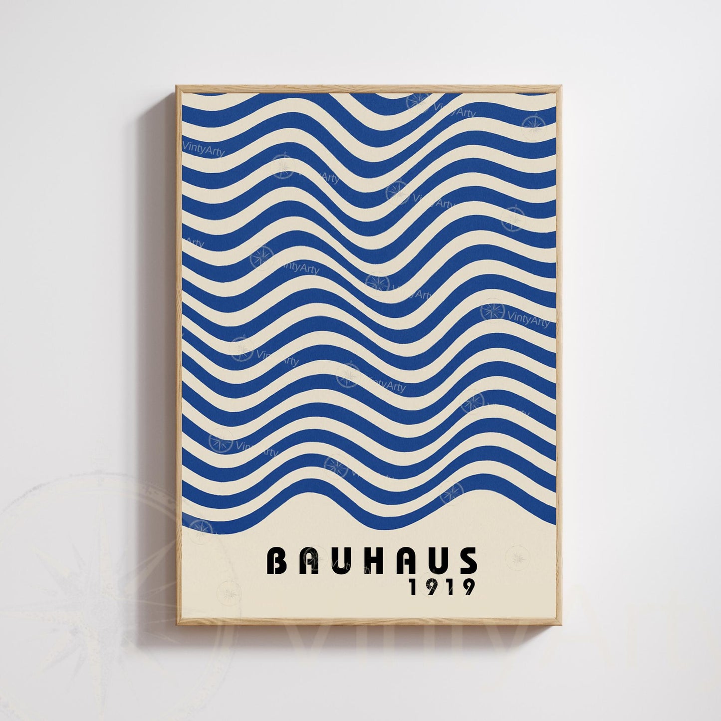 Bauhaus 1919 Poster – Blue Waves Graphic Print, Minimalist Modern Wall Art, Abstract Design Home Decor, Framed or Unframed