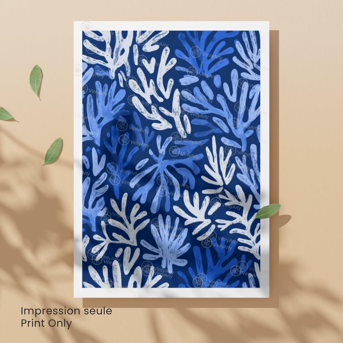 Affiche Matisse corail bleu blanc – Poster marin abstrait – Art mural moderne