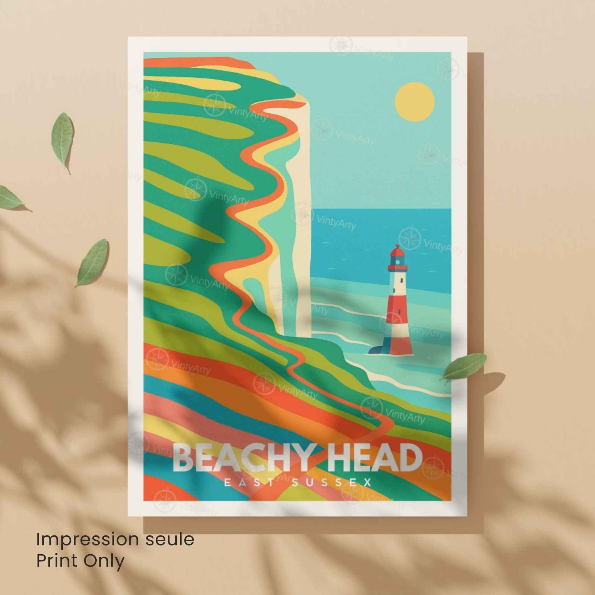 Affiche Beachy Head East Sussex | Poster Vintage Phare et Falaises | Illustration Côtière Rétro