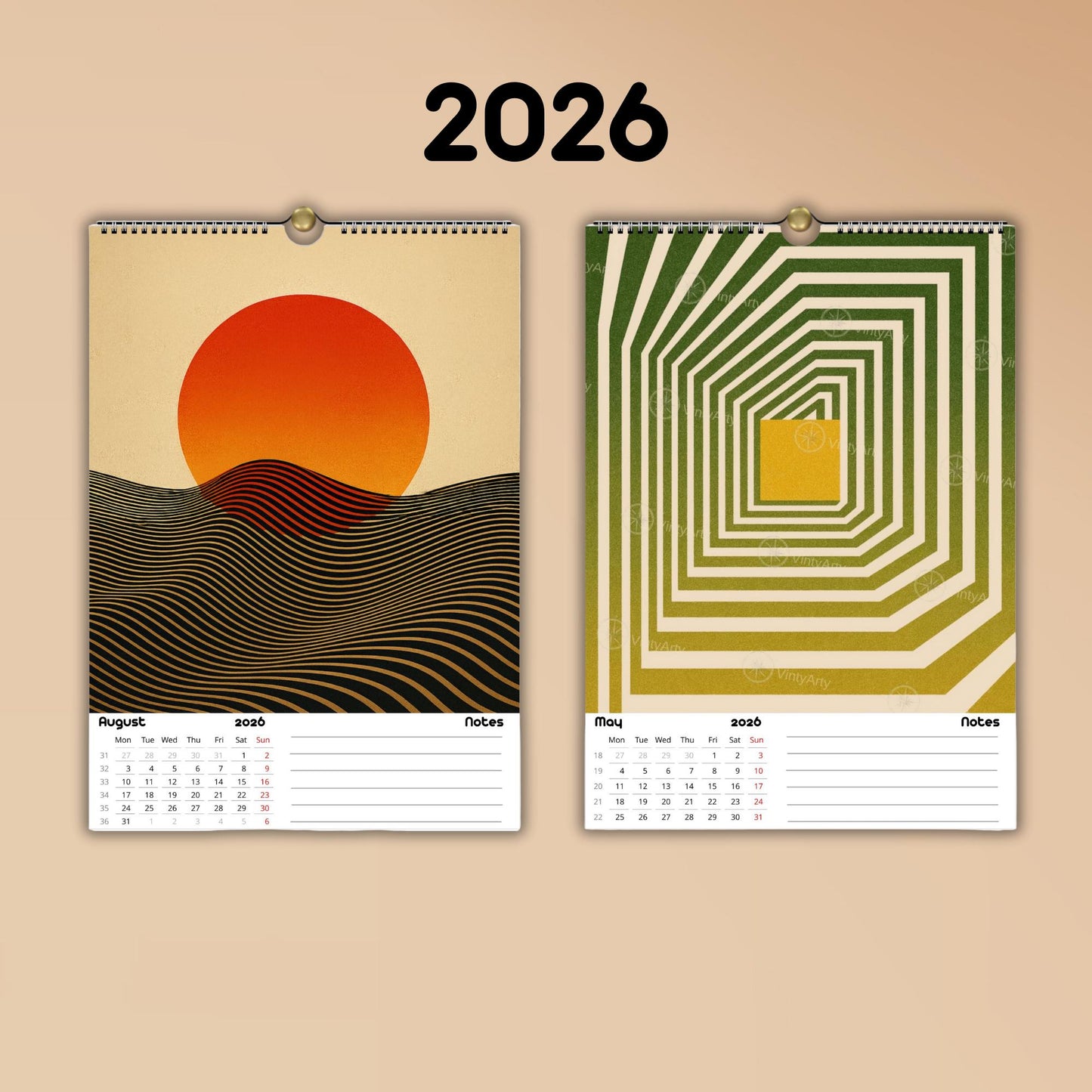 Calendrier mural 2026 Bauhaus | Illustrations Op Art réutilisables en affiches | Papier premium | Calendrier 2026
