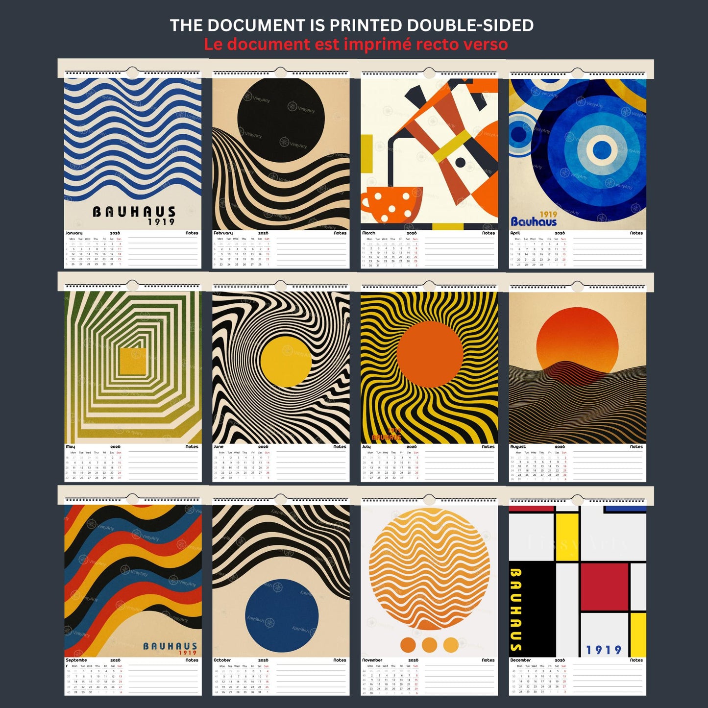 Calendrier mural 2026 Bauhaus | Illustrations Op Art réutilisables en affiches | Papier premium | Calendrier 2026