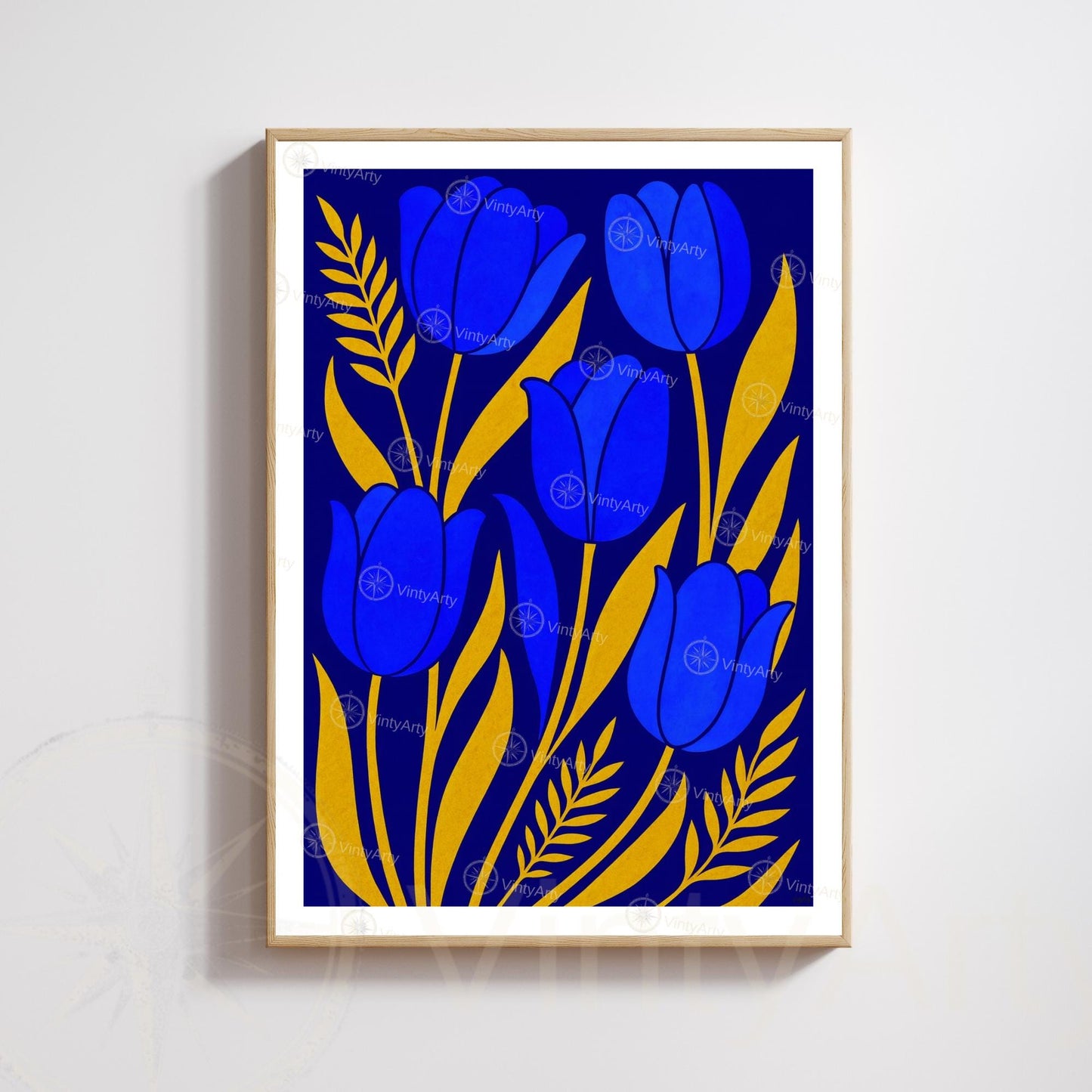 Blue and Gold Tulips Print | Modern Botanical Poster | Floral Wall Art