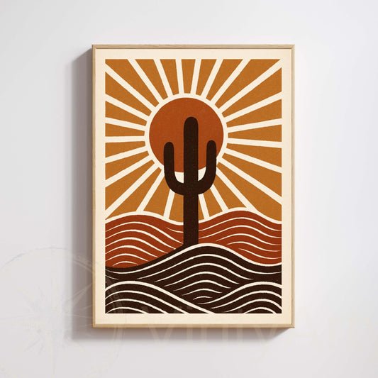 Affiche Désert et Cactus | Poster Soleil Couchant Graphique | Décoration Murale Mid-Century