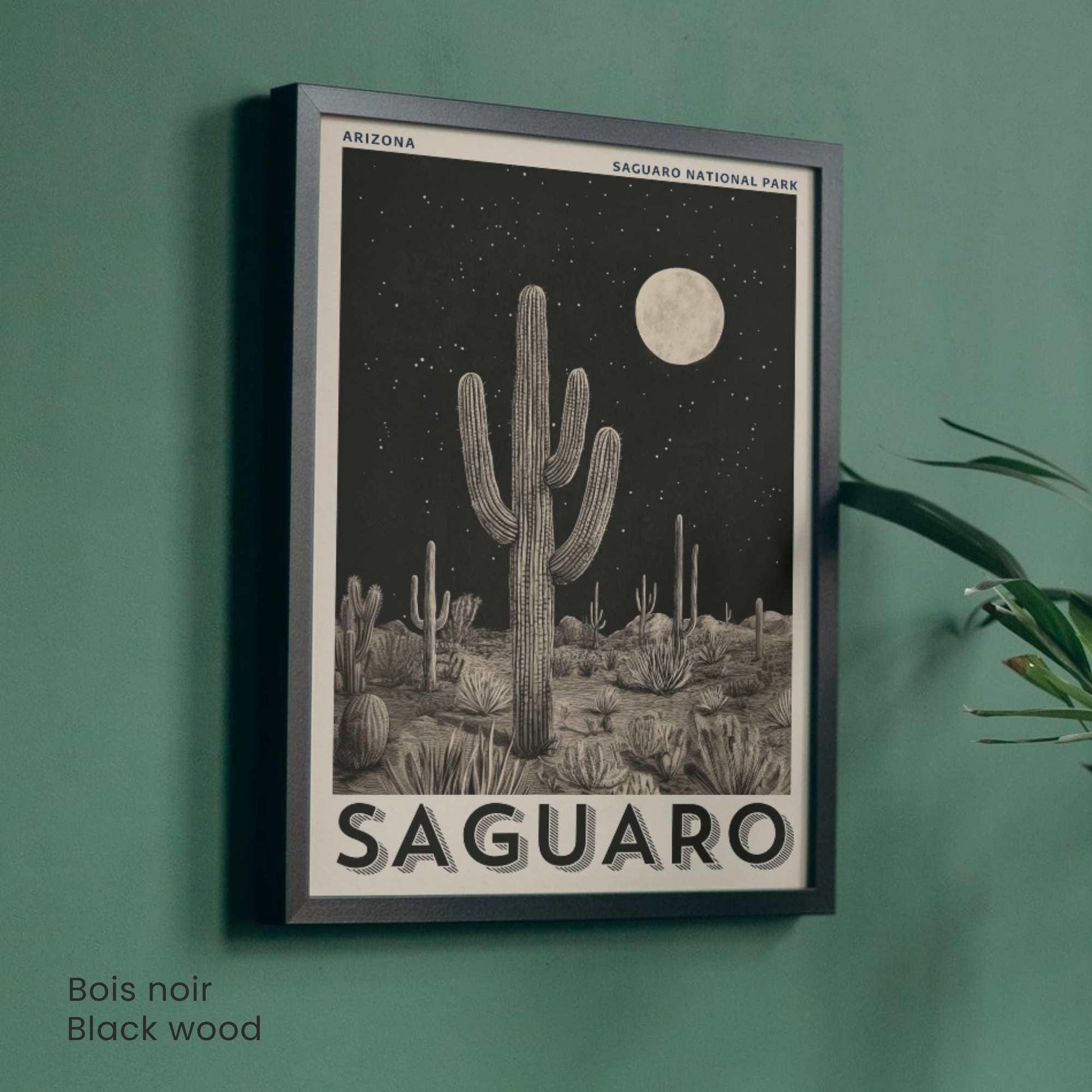 Affiche Saguaro Arizona | Poster Parc National du Saguaro | Illustration Vintage Désert Nocturne | Affiche cactus noir et blanc