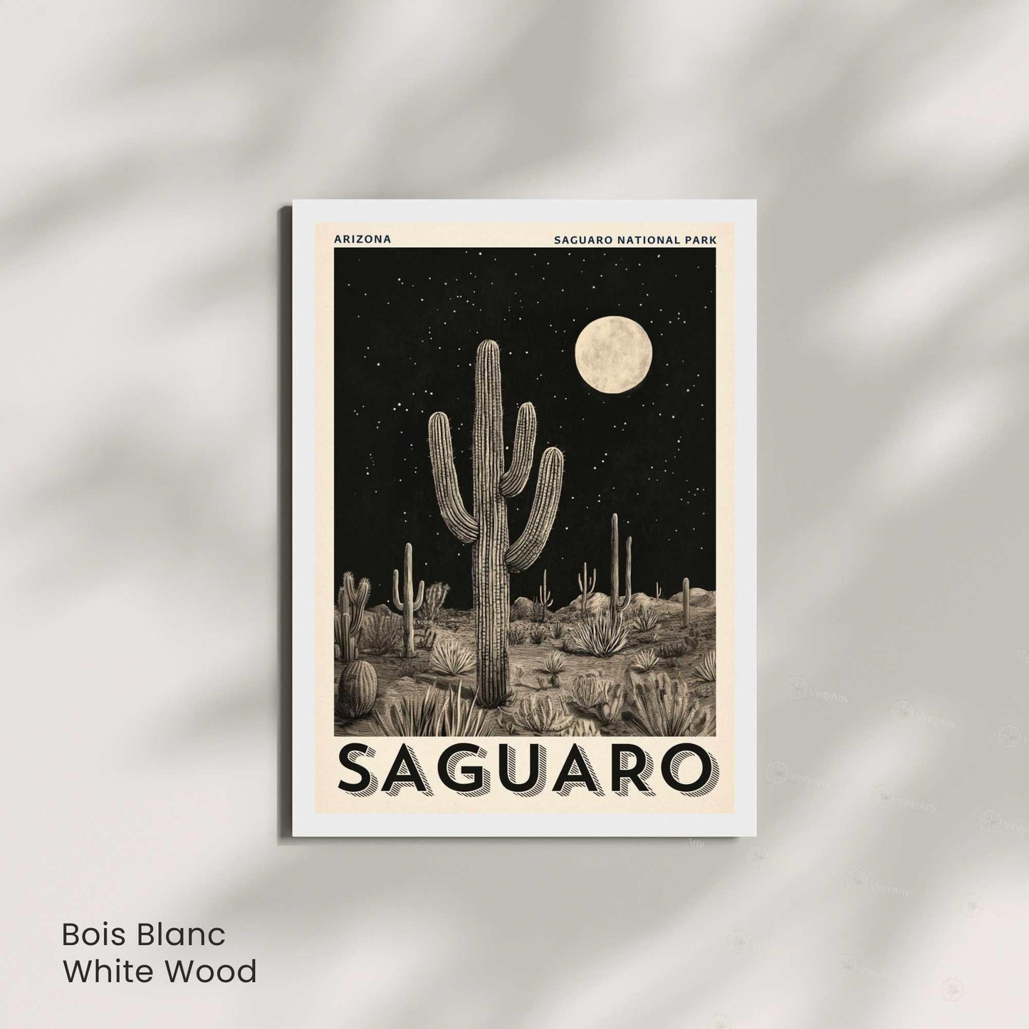 Affiche Saguaro Arizona | Poster Parc National du Saguaro | Illustration Vintage Désert Nocturne | Affiche cactus noir et blanc