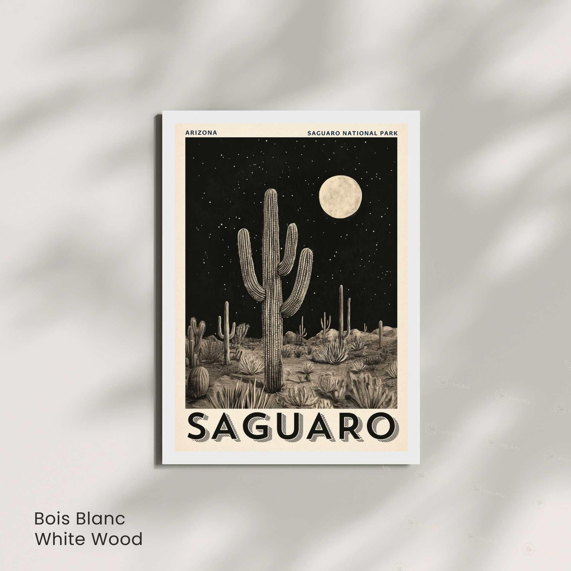 Affiche Saguaro Arizona | Poster Parc National du Saguaro | Illustration Vintage Désert Nocturne | Affiche cactus noir et blanc