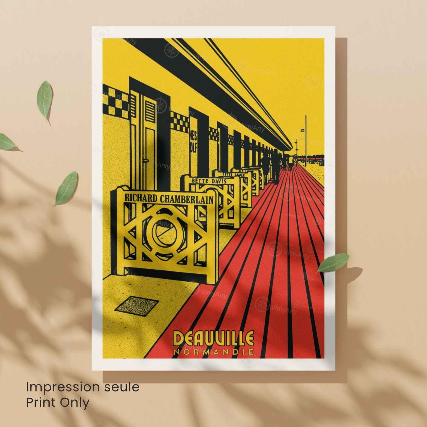 Affiche Deauville Les Planches – Poster vintage Normandie pop art rétro, décoration murale chic, cabines de plage, idée cadeau