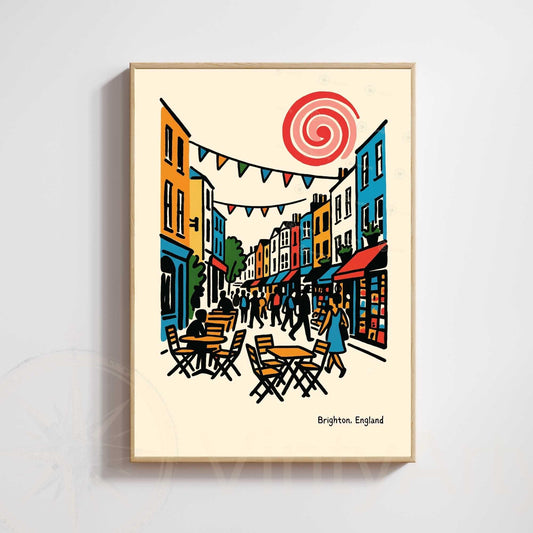 Affiche Brighton – Poster rétro vintage Angleterre, illustration artistique décorative, idée cadeau voyage UK, impression seule ou encadrée