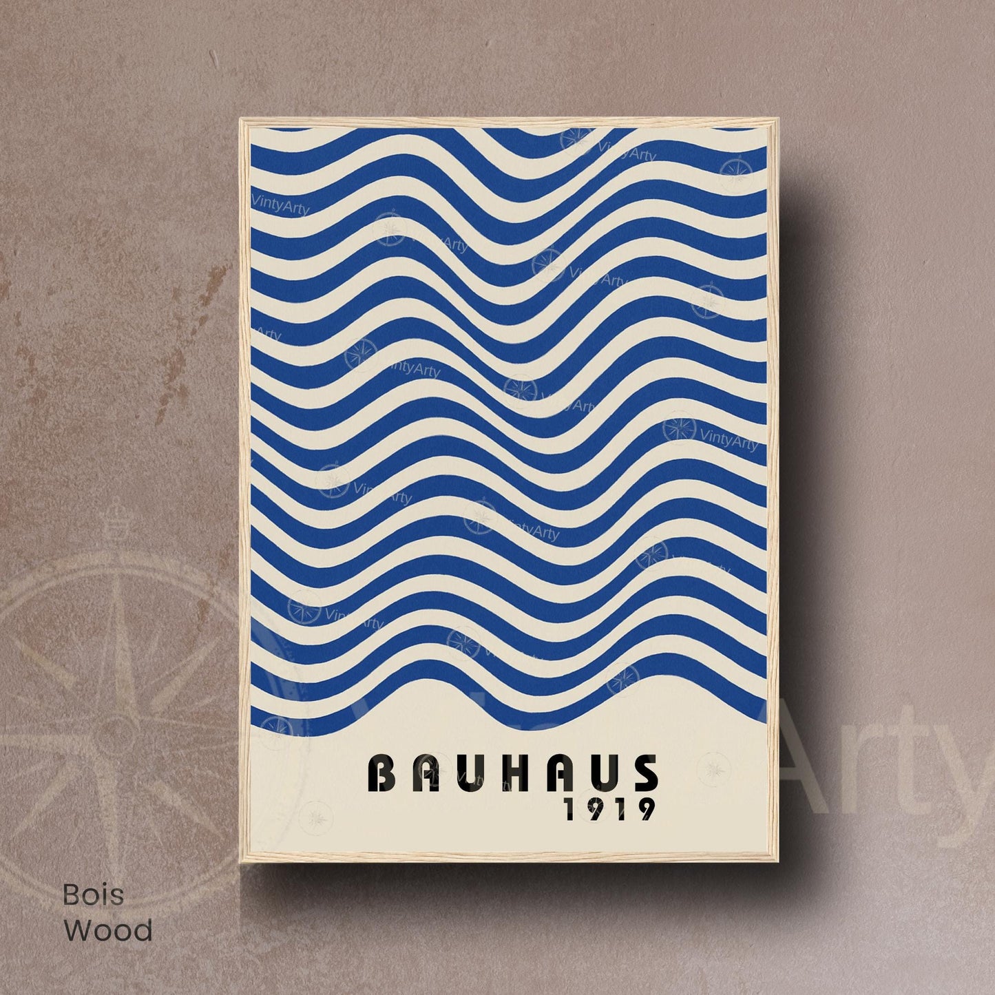 Affiche Bauhaus 1919 – Poster graphique vagues bleues, style moderniste minimaliste, décoration murale design