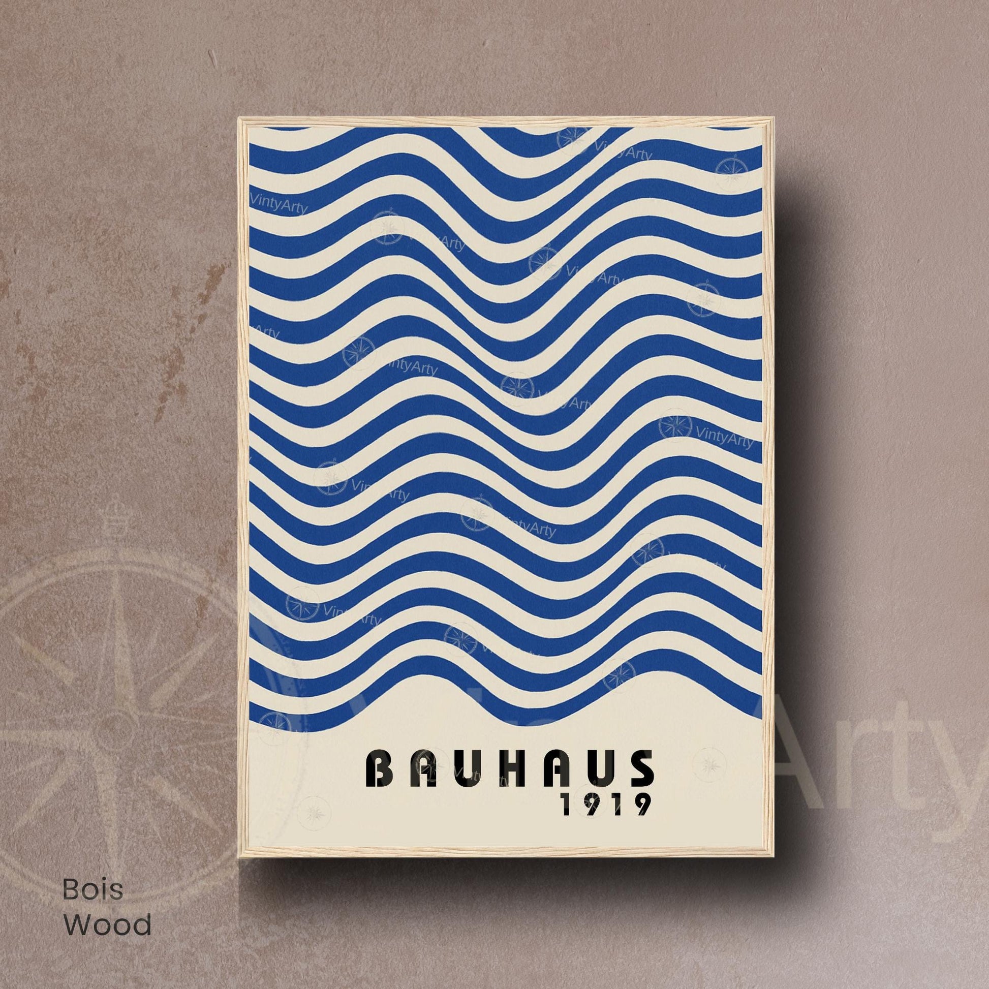 Affiche Bauhaus 1919 – Poster graphique vagues bleues, style moderniste minimaliste, décoration murale design